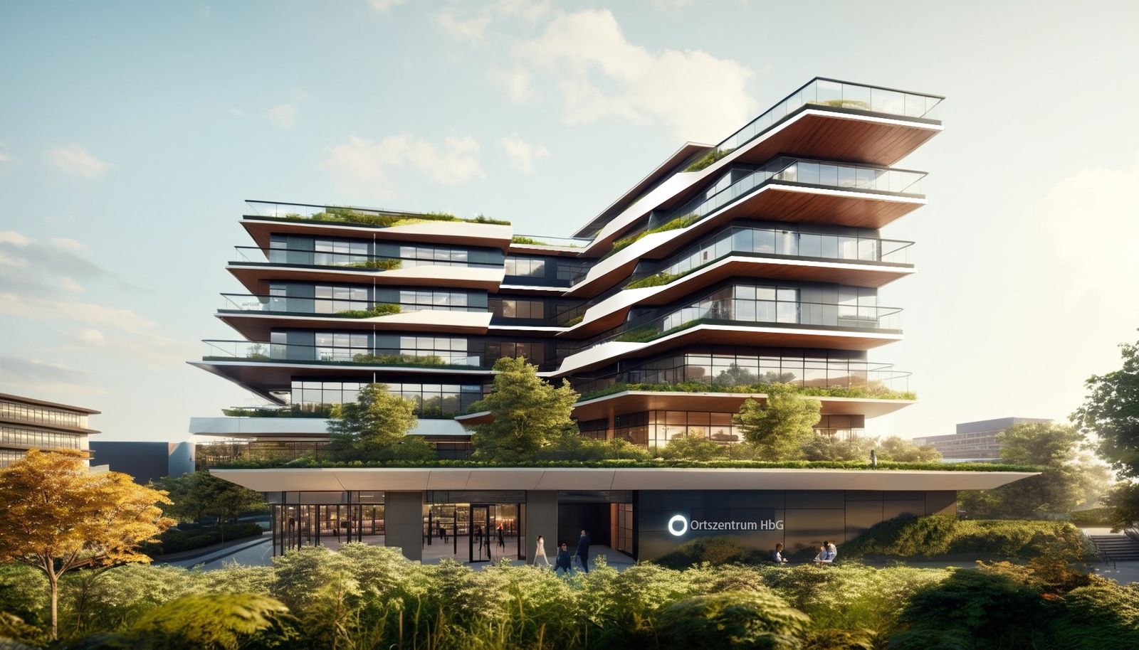 Visualisierung Ortszentrum Hart bei Graz – terrassiertes Ensemble aus Holz und Glas mit begrünten Dächern